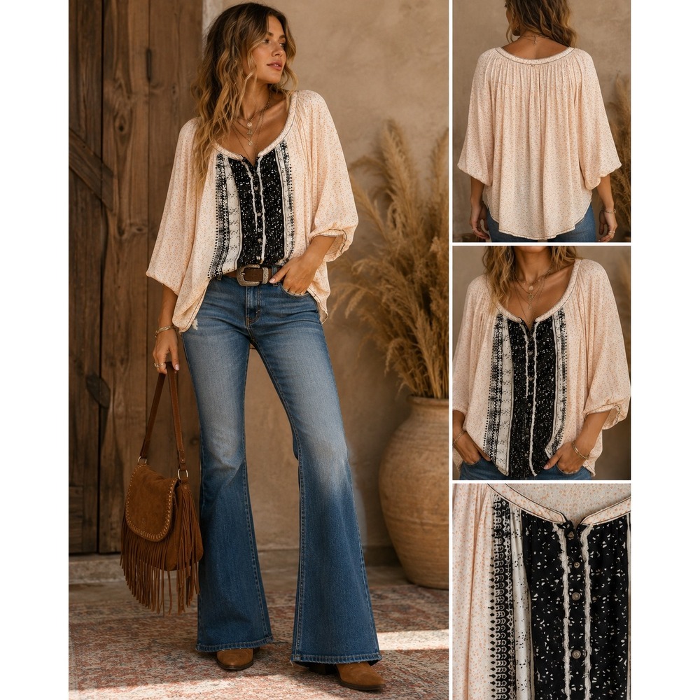 Free People Mixed Print Boho Dolman Sleeve Button Front Blouse Peach Black XS